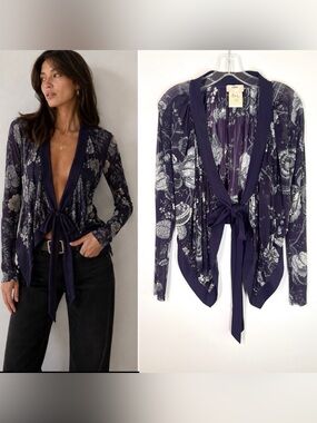 Fuzzi Tulle Mesh Top Tie Front Long Sleeve Purple Floral Made Italy y2K Sz M